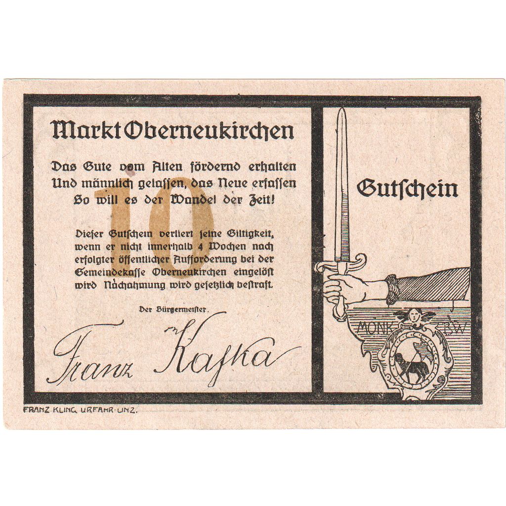 Autriche, Oberneukirchen, 10 Heller, épée, 1920, SPL, Mehl:FS 691b