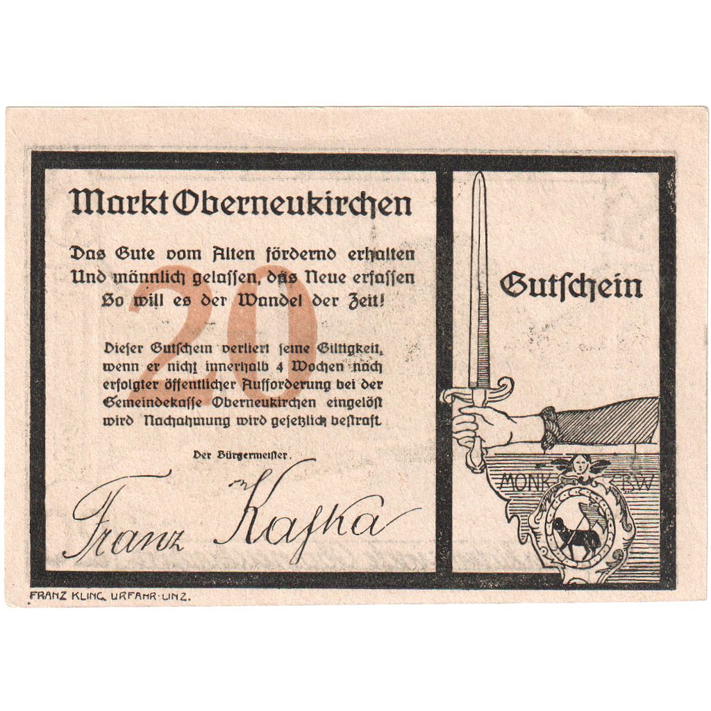 Oostenrijk, Oberneukirchen, 20 Heller, place, 1920, SPL, Mehl:FS 691b