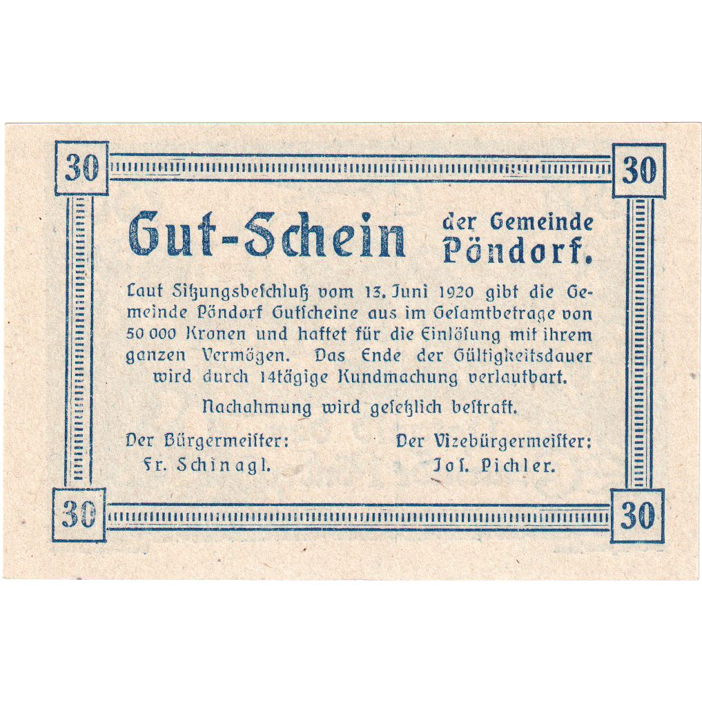 Autriche, Pöndorf, 30 Heller, champs, 1920, SPL, Mehl:FS 757a