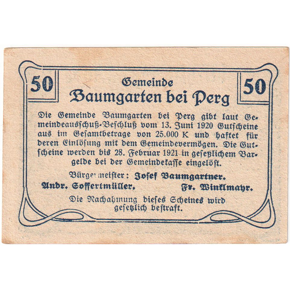 Autriche, Baumgarten, 50 Heller, château, 1921, 1921-02-28, SUP, Mehl:FS 78a