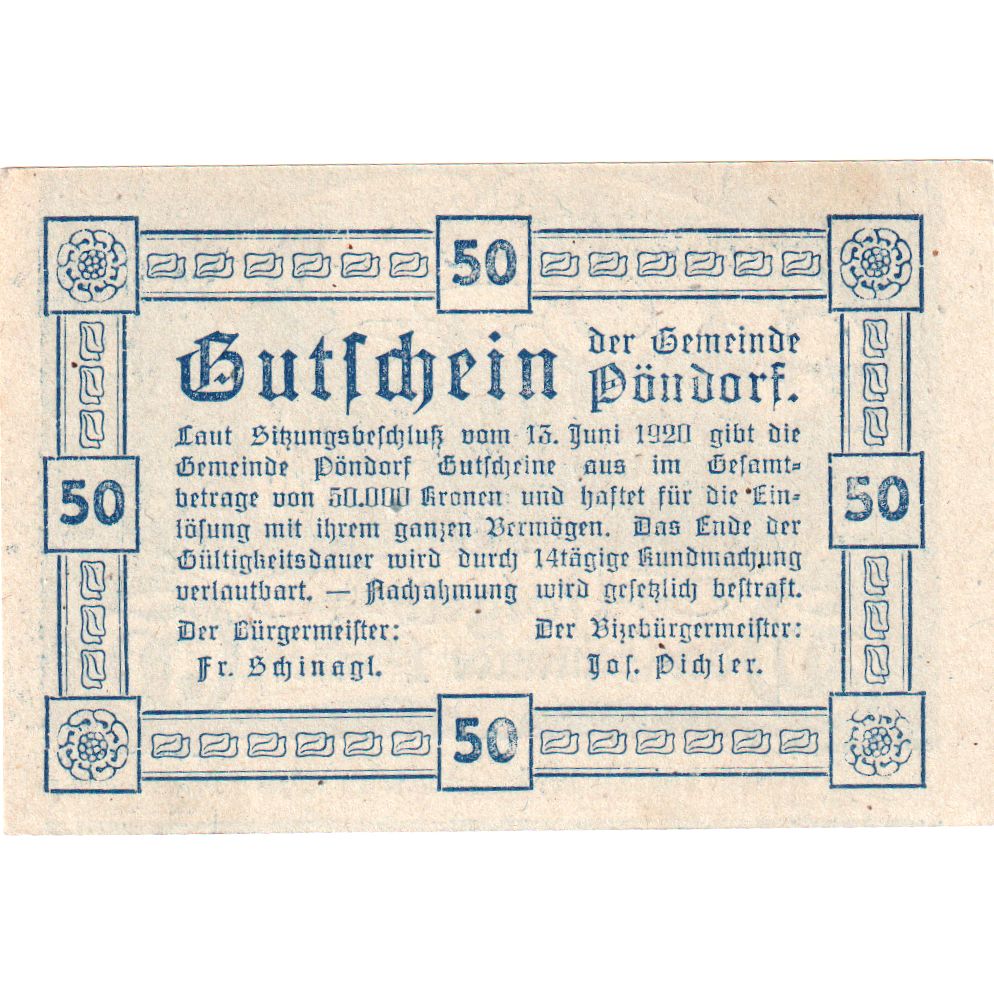 Oostenrijk, Pöndorf, 50 Heller, village, 1920, SPL, Mehl:FS 757a