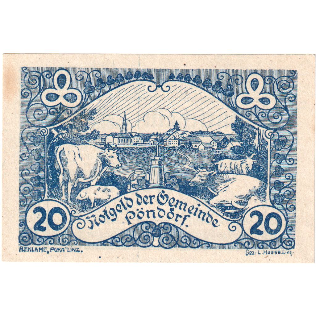 Áustria, Pöndorf, 20 Heller, vache, 1920, UNC(63), Mehl:FS 757a