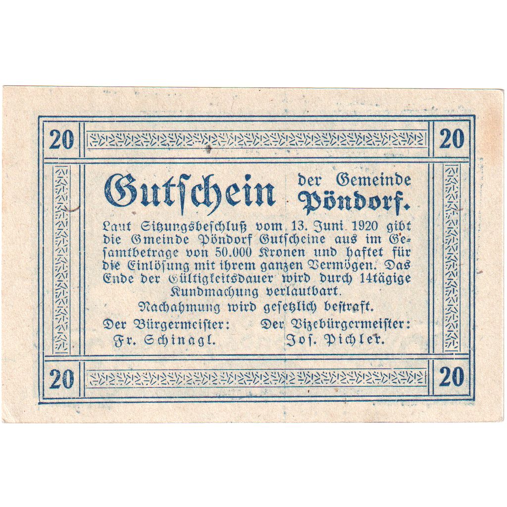 Áustria, Pöndorf, 20 Heller, vache, 1920, UNC(63), Mehl:FS 757a