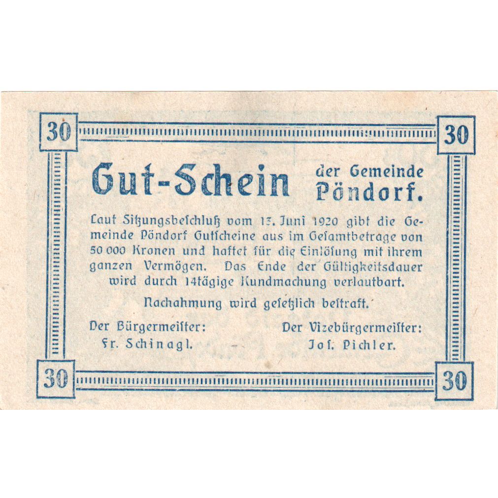 Autriche, Pöndorf, 30 Heller, agriculteur, 1920, SPL, Mehl:FS 757a