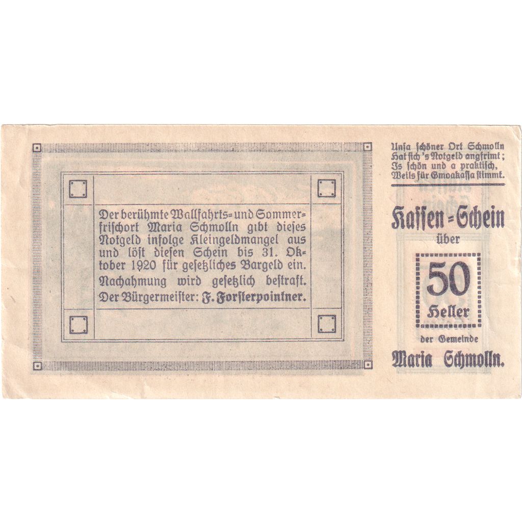 Austria, Schmolln, 50 Heller, village, 1920-08-31, AU(55-58), Mehl:FS 587IIa