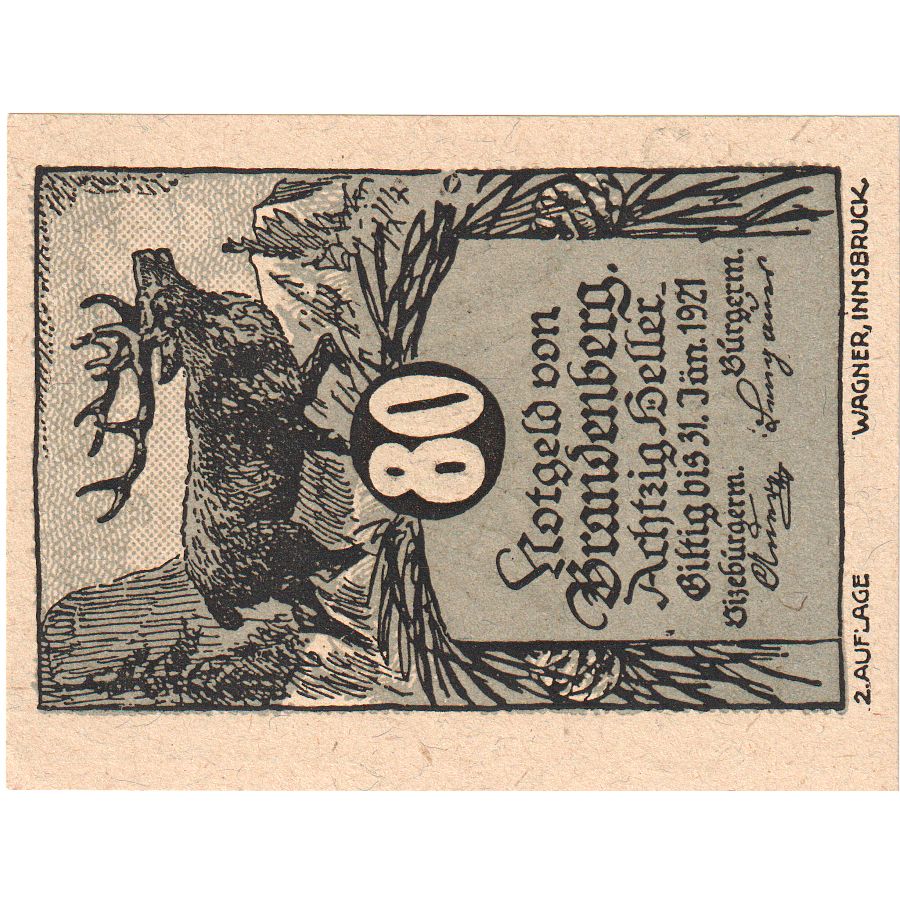 Oostenrijk, Brandenberg, 80 Heller, cerf, 1920, 1920-12-31, SPL, Mehl:FS 99a