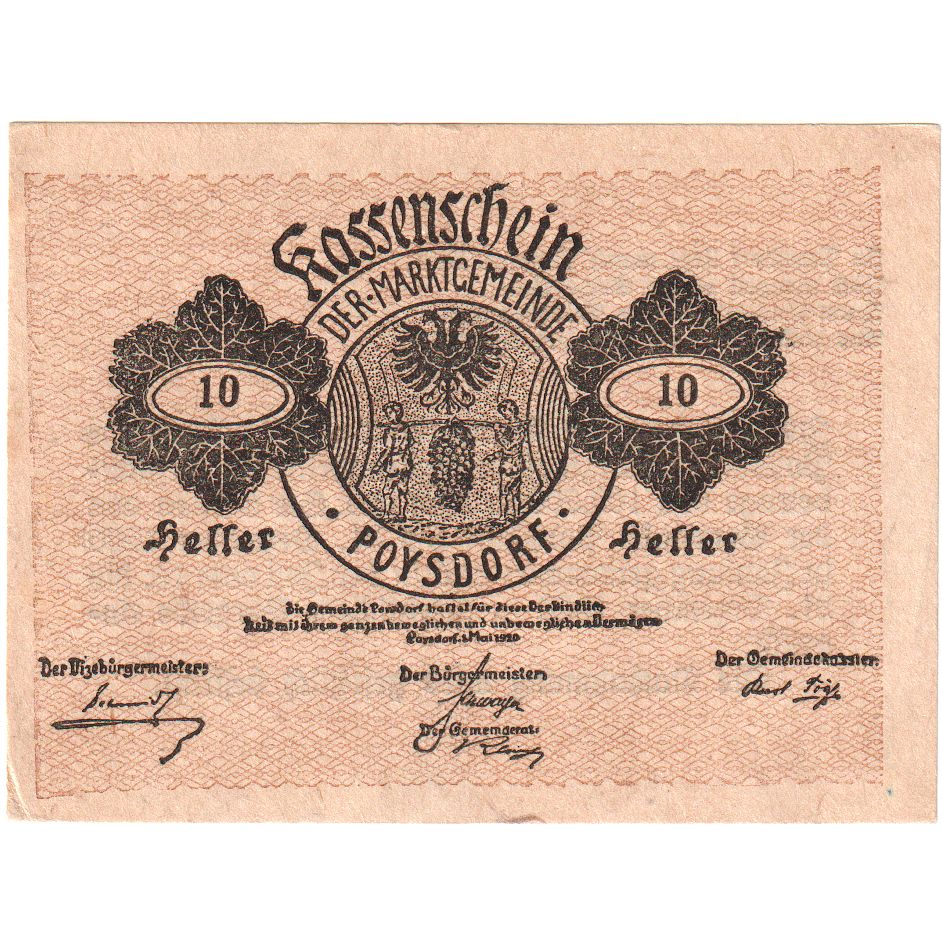 Autriche, Poysdorf, 10 Heller, aigle, 1920, 1920-12-31, SPL, Mehl:FS 776a1