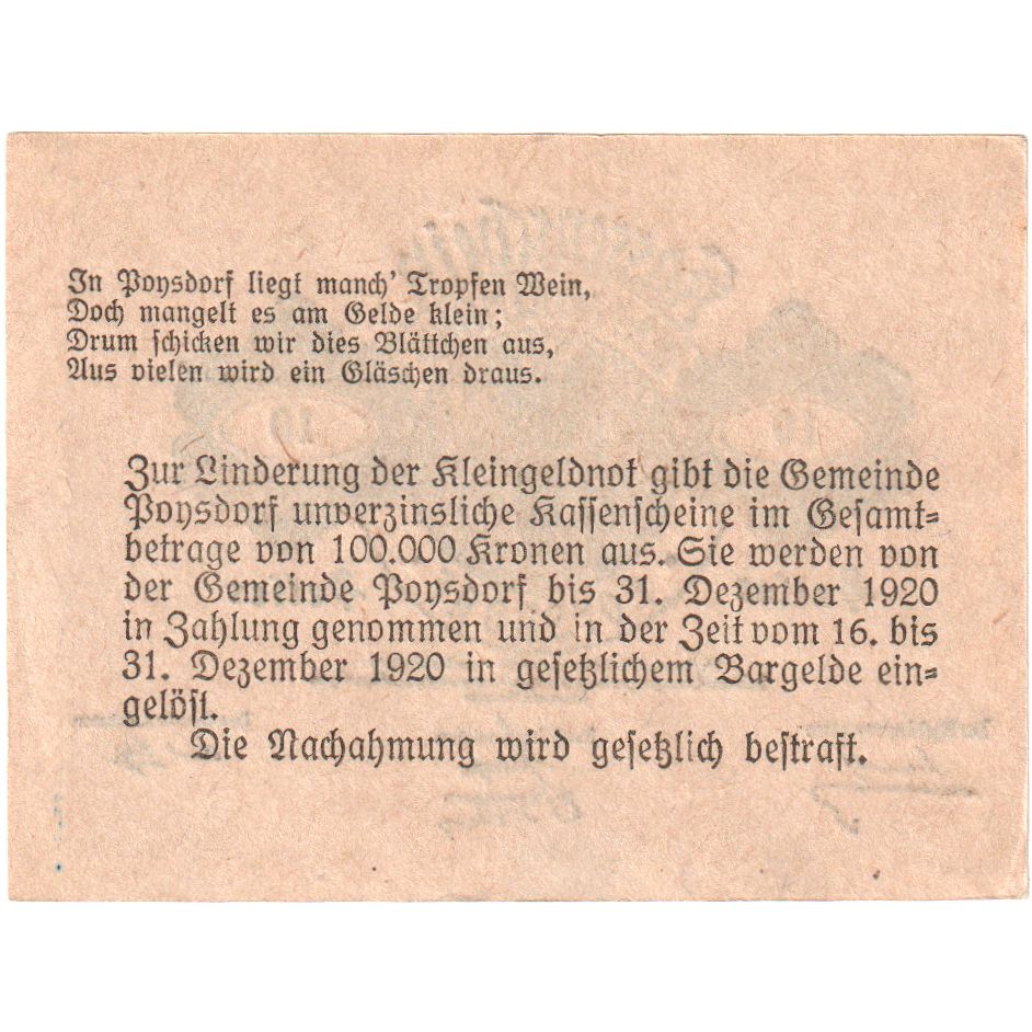Autriche, Poysdorf, 10 Heller, aigle, 1920, 1920-12-31, SPL, Mehl:FS 776a1