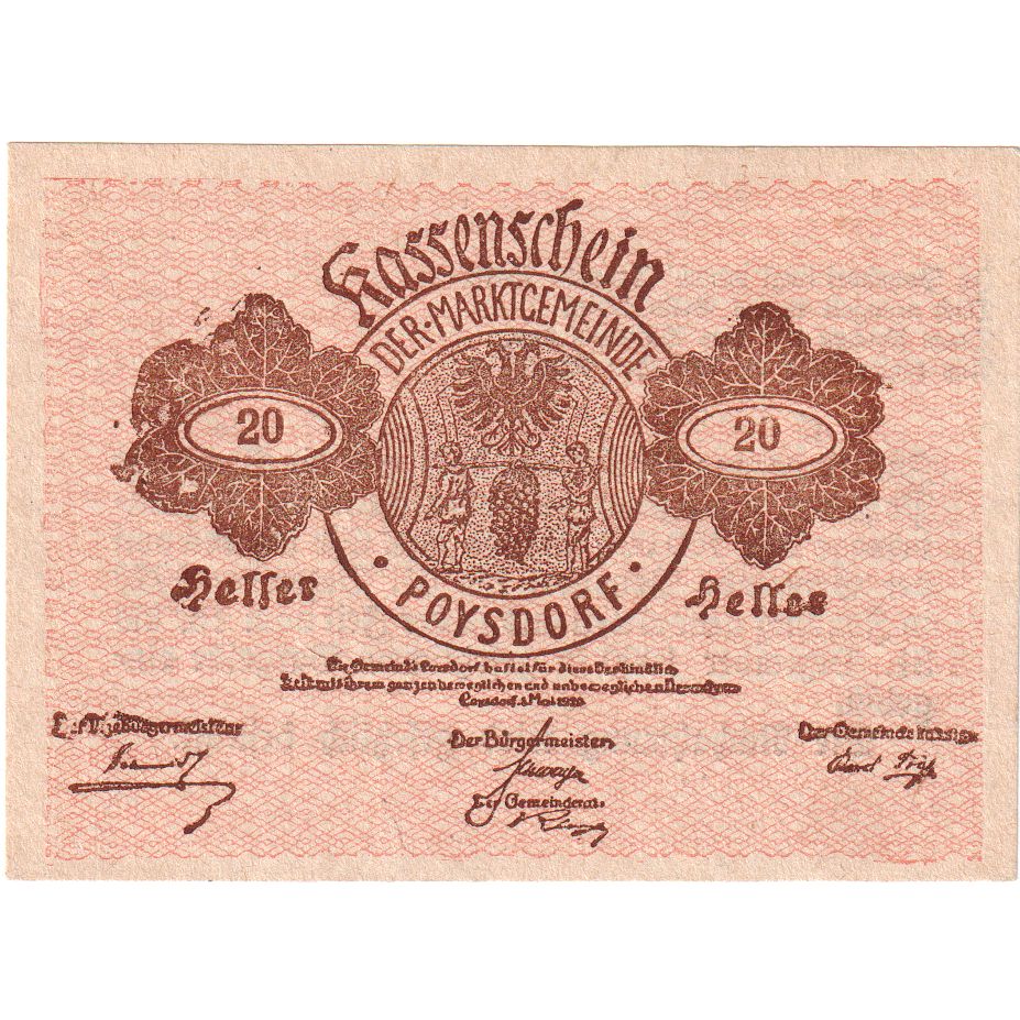 Autriche, Poysdorf, 20 Heller, Blason, 1920, 1920-12-31, SPL, Mehl:FS 776a1