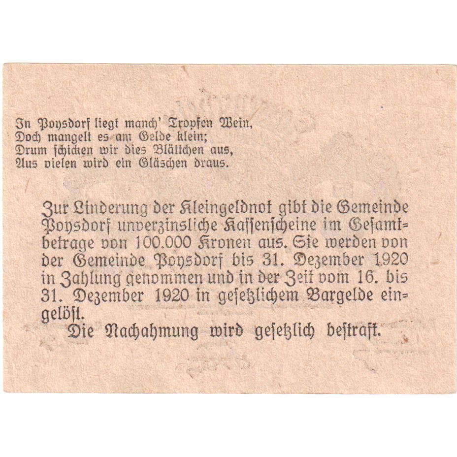 Autriche, Poysdorf, 20 Heller, Blason, 1920, 1920-12-31, SPL, Mehl:FS 776a1