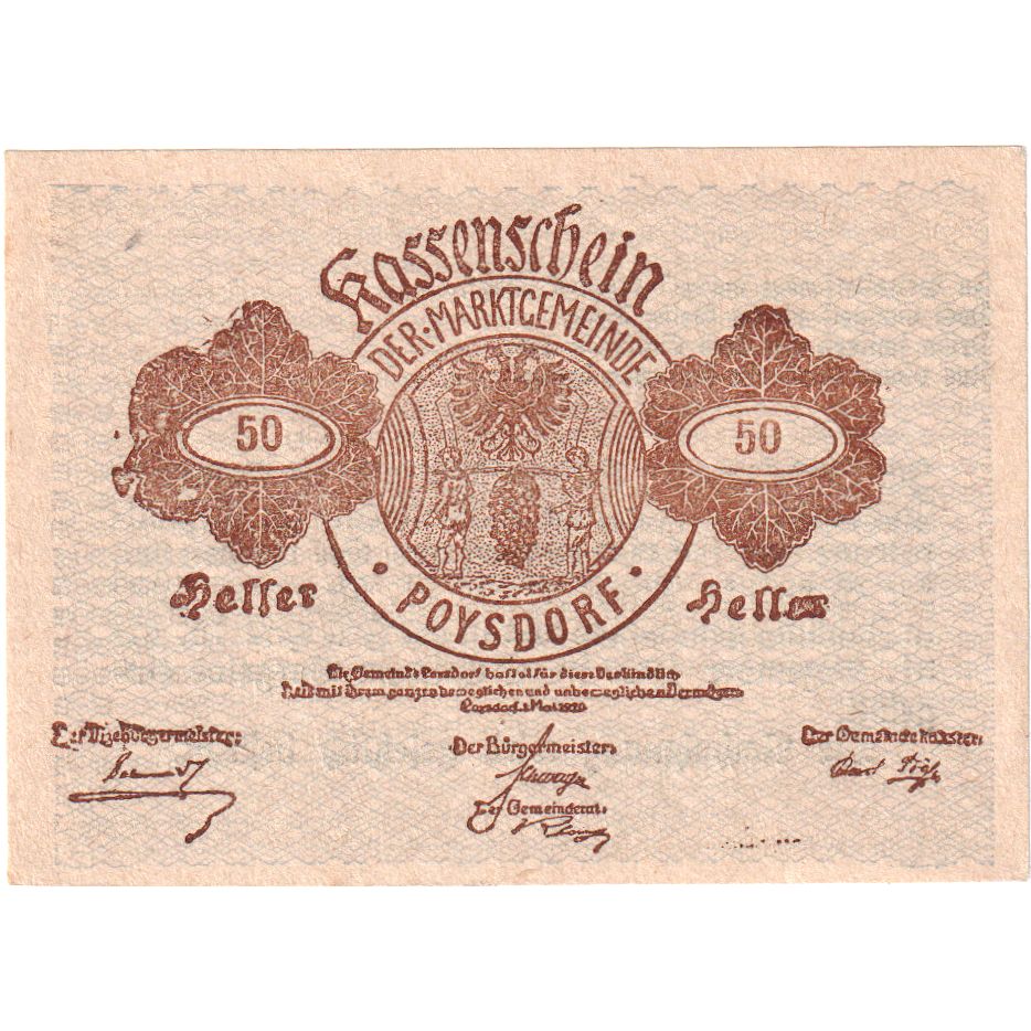 Autriche, Poysdorf, 50 Heller, Blason, 1920, 1920-12-31, SPL, Mehl:FS 776a1