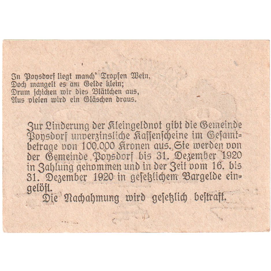 Autriche, Poysdorf, 50 Heller, Blason, 1920, 1920-12-31, SPL, Mehl:FS 776a1