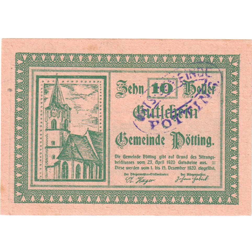 Oostenrijk, Pötting, 10 Heller, Eglise, 1920, 1920-12-15, SPL