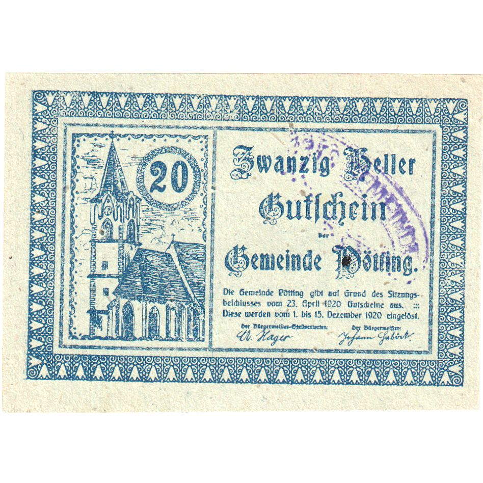 Autriche, Pötting, 20 Heller, village, 1920, 1920-12-15, SPL