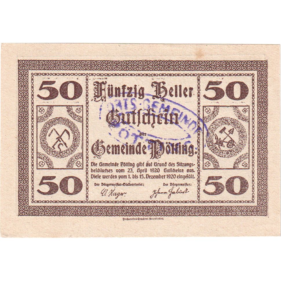 Austria, Pötting, 50 Heller, Blason, 1920, 1920-12-15, UNC(63)