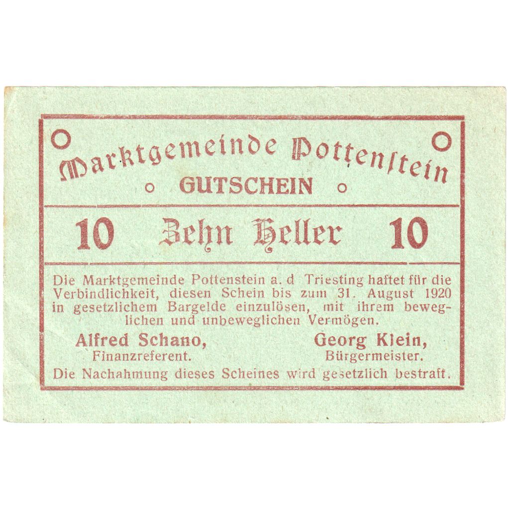 Autriche, Pottenstein, 10 Heller, Texte, 1920, 1920-08-31, SPL
