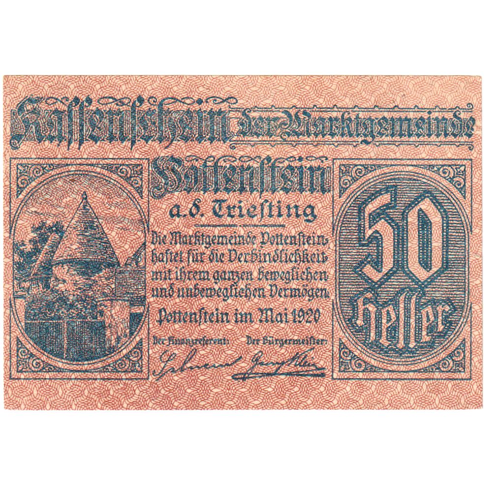 Austria, Pottenstein, 50 Heller, tour, 1920, 1920-12-15, UNC(63)