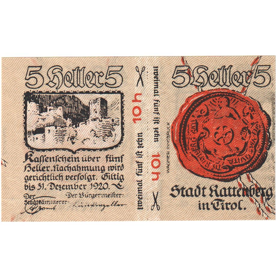 Autriche, Rattenberg, 5 Heller, château, 1920, 1920-12-31, SPL, Mehl:FS 821I