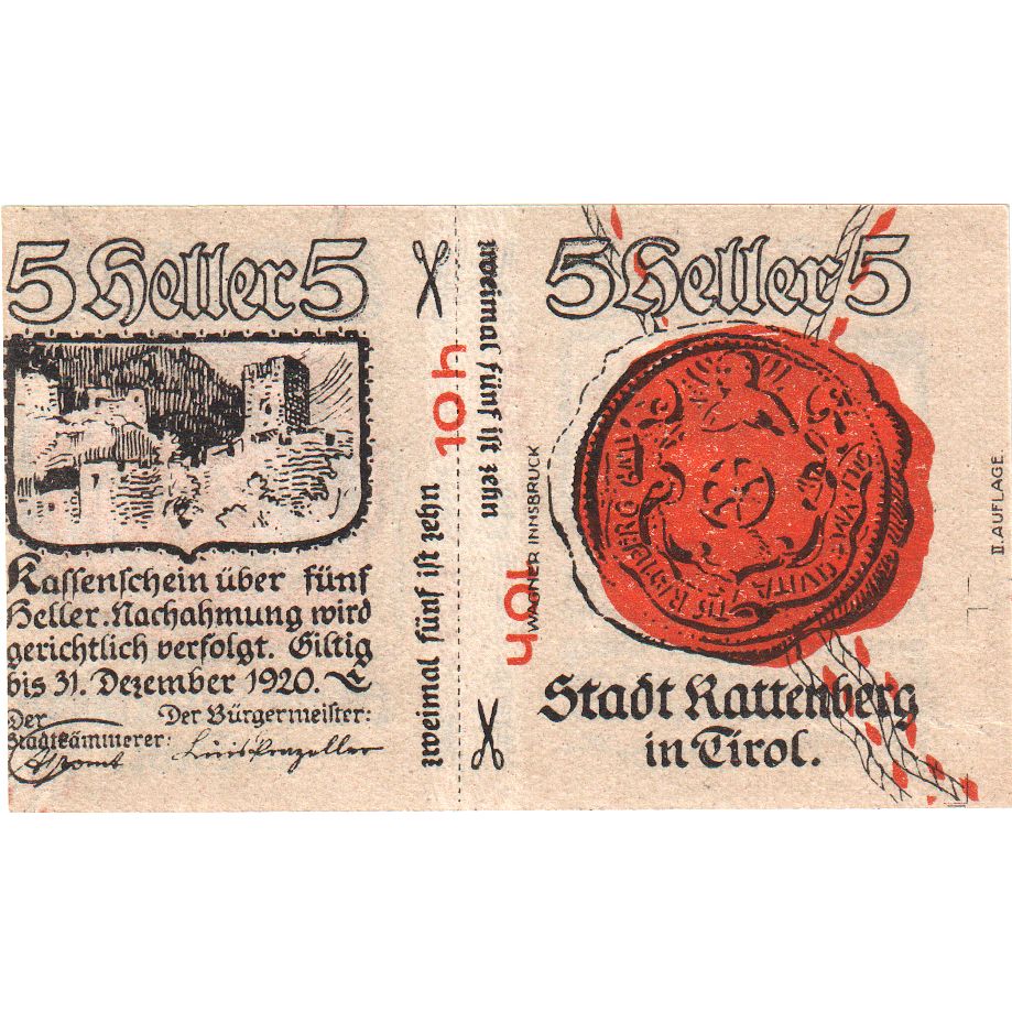 Autriche, Rattenberg, 5 Heller, château, 1920, 1920-12-31, SPL, Mehl:FS 821I