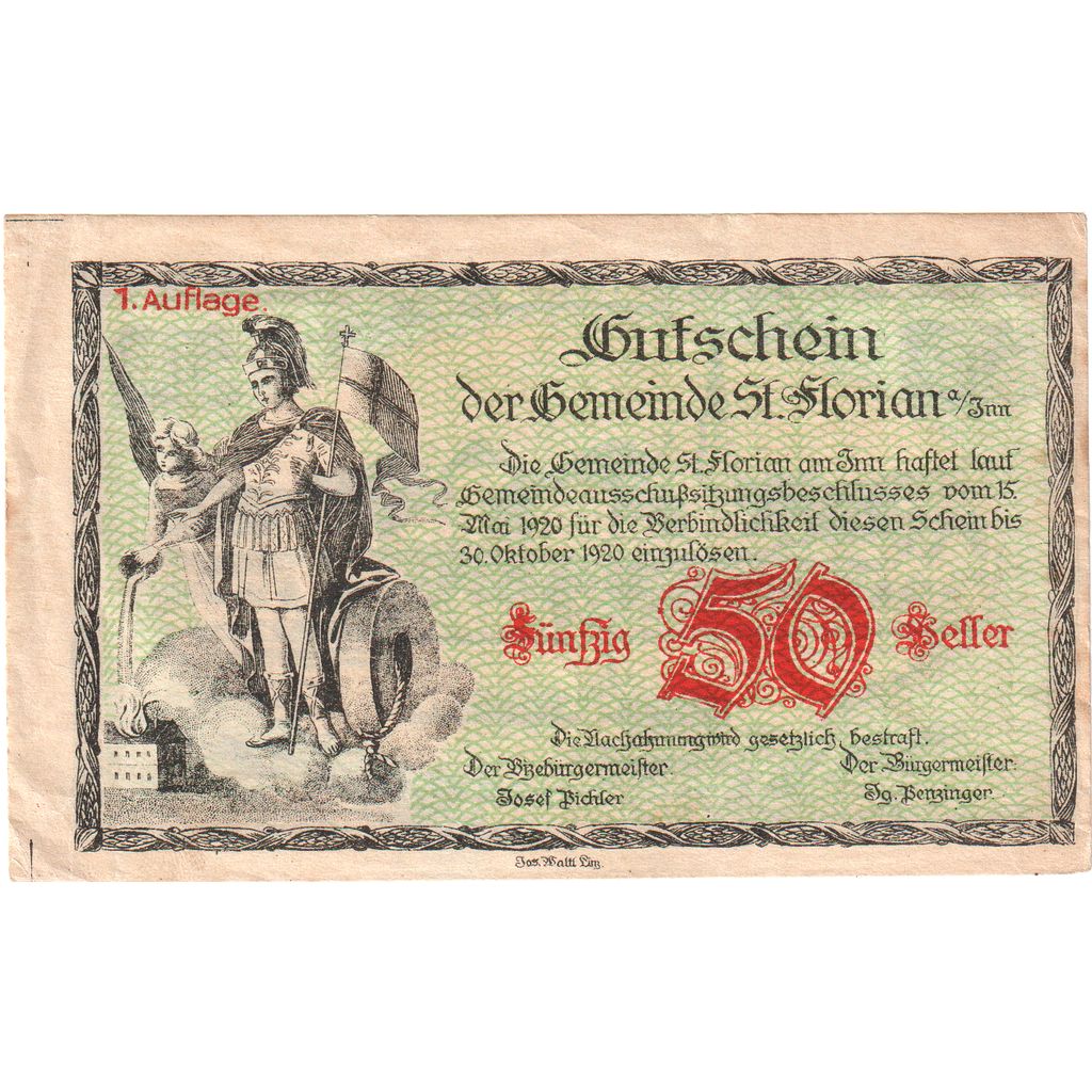 Autriche, St Florian, 50 Heller, personnage, 1920, 1920-10-30, TTB, Mehl:FS 881a