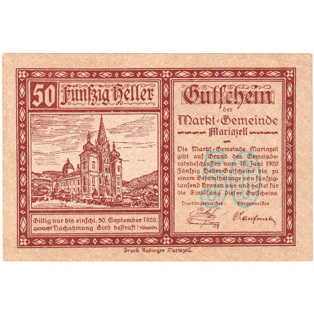 Autriche, Mariazell, 50 Heller, Eglise, 1920, 1920-09-30, SPL, Mehl:FS 590Ia1