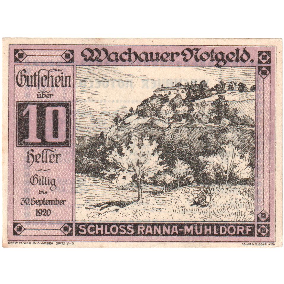 Oostenrijk, Ranna-Muhldorf, 10 Heller, paysage, 1920 SPL, Mehl:FS 1122.7IIa