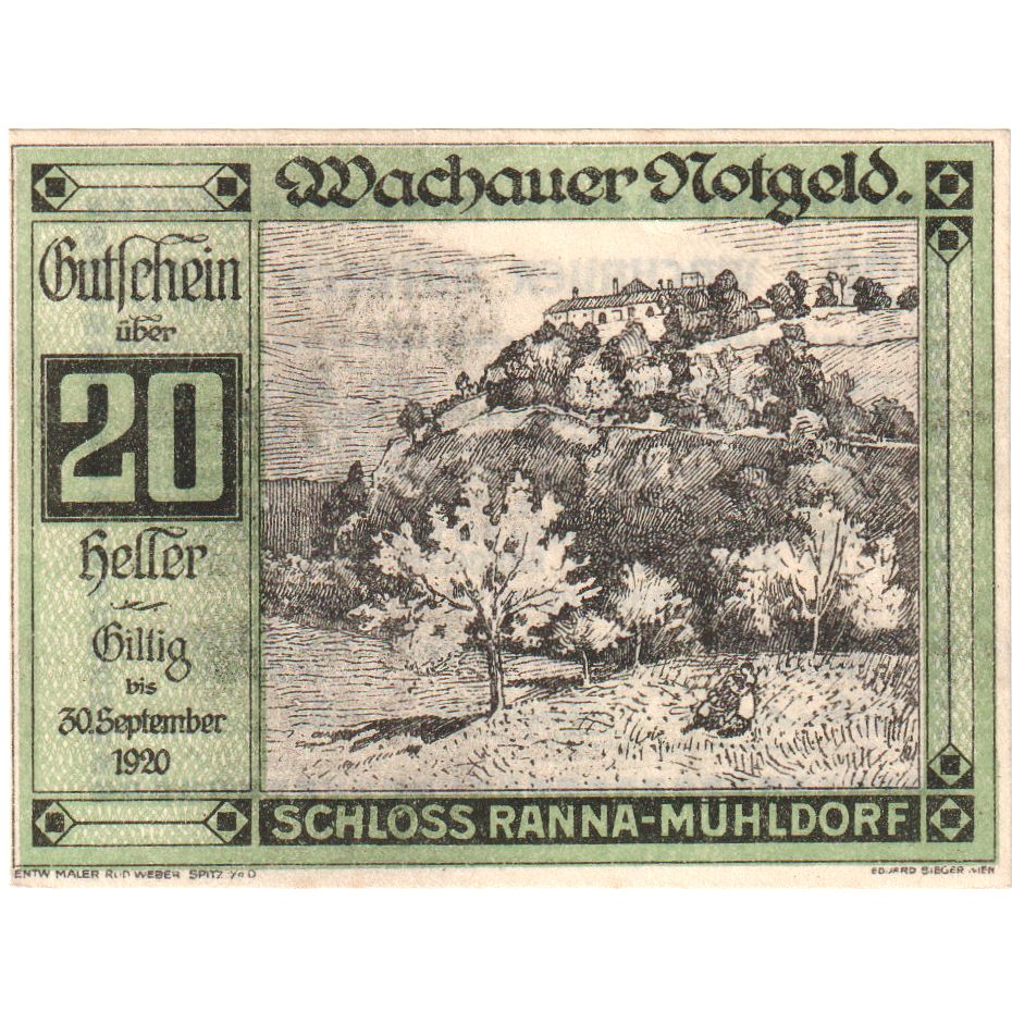 Oostenrijk, Ranna-Muhldorf, 20 Heller, village, 1920 SPL, Mehl:FS 1122.7IIa