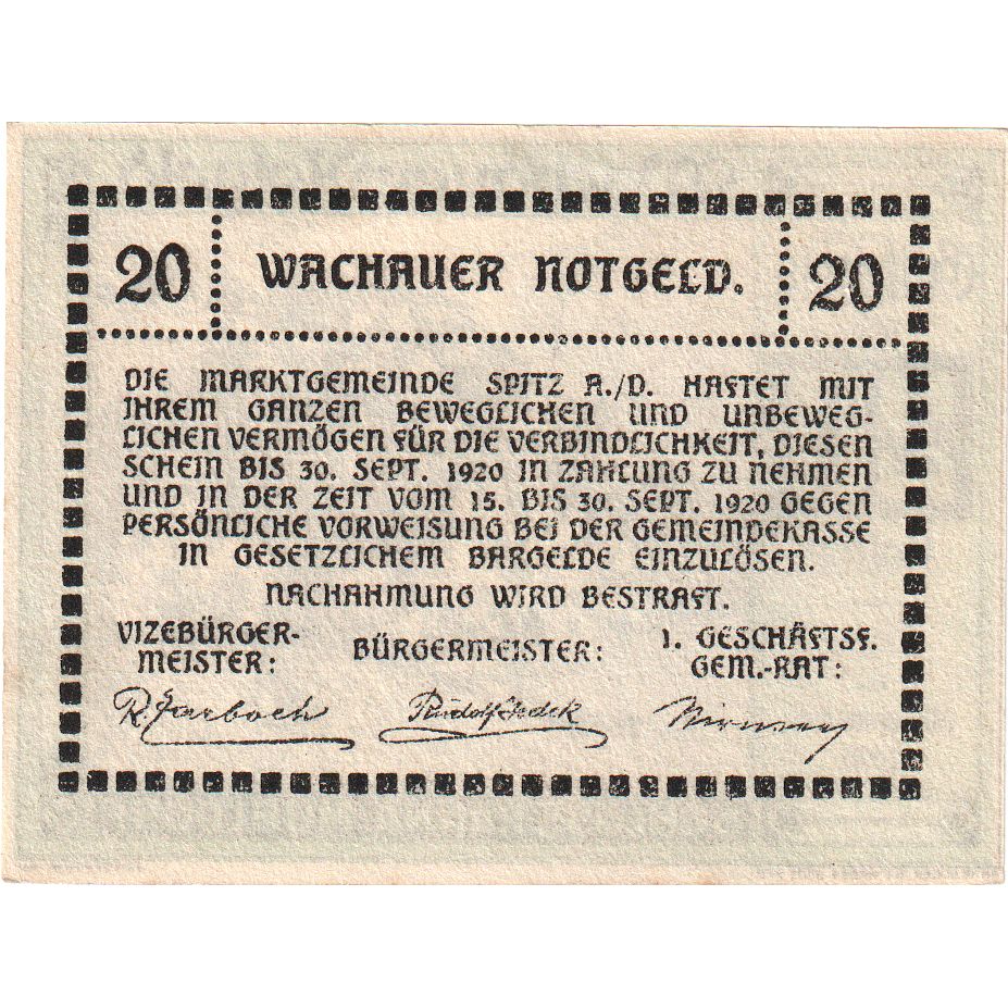 Oostenrijk, Ranna-Muhldorf, 20 Heller, village, 1920 SPL, Mehl:FS 1122.7IIa