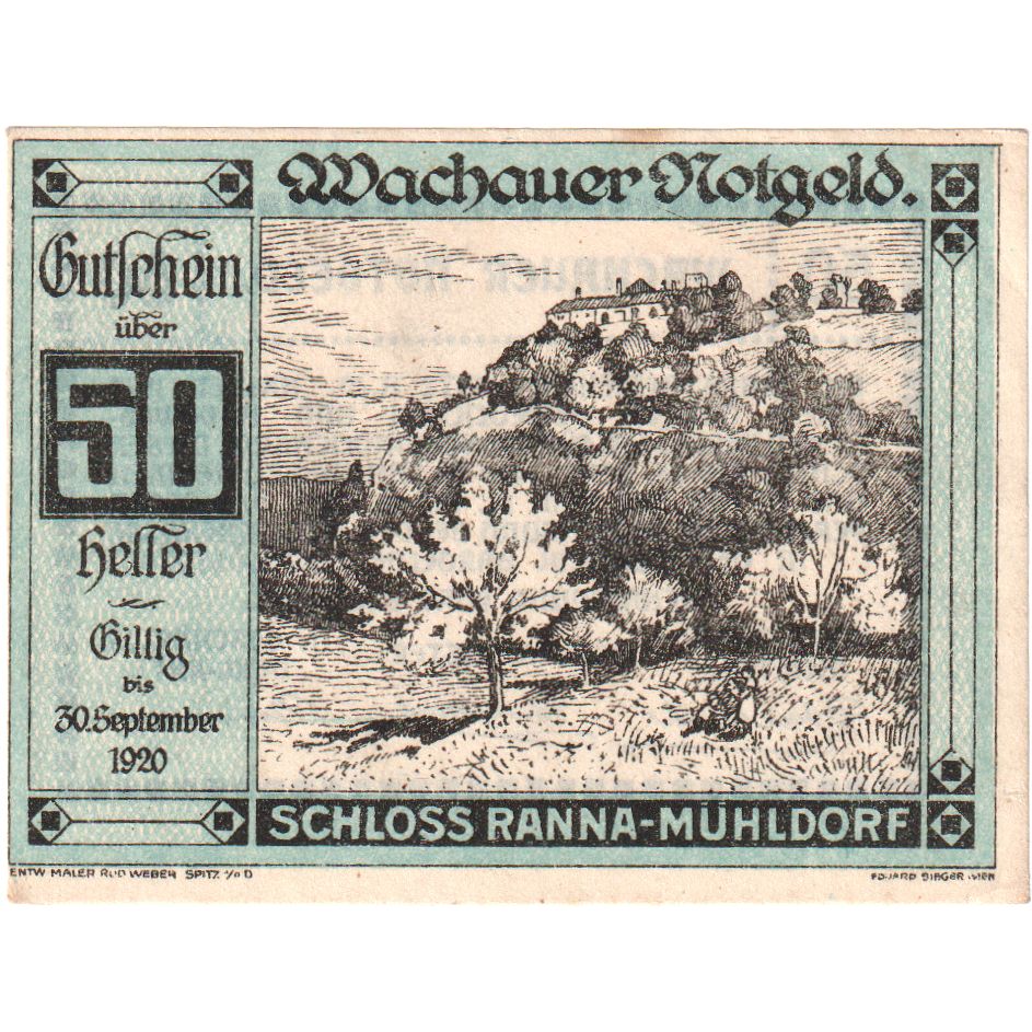 Oostenrijk, Ranna-Muhldorf, 50 Heller, paysage 1920 SPL, Mehl:FS 1122.7IIa