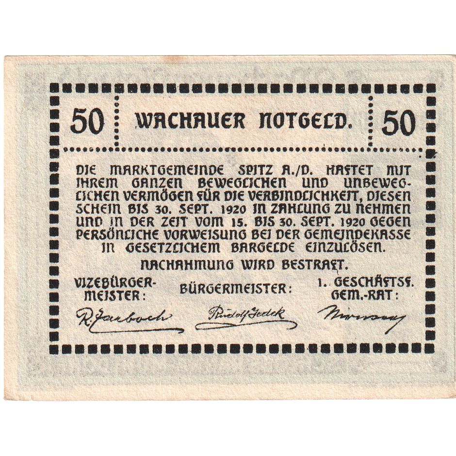 Oostenrijk, Ranna-Muhldorf, 50 Heller, paysage 1920 SPL, Mehl:FS 1122.7IIa