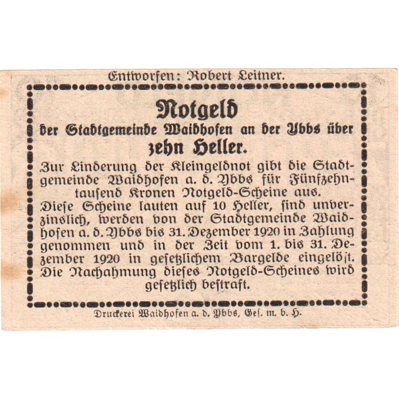 Oostenrijk, Waidhofen, 10 Heller, château 1920-12-31, SUP, Mehl:FS 1127Ia