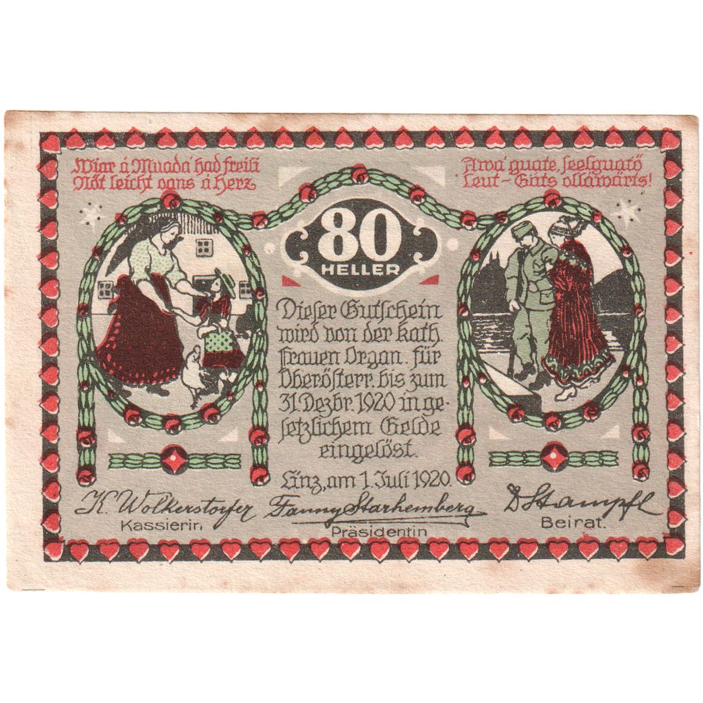 Oostenrijk, Linz, 80 Heller, personnage, 1920, 1920-12-31, TTB, Mehl:FS 535