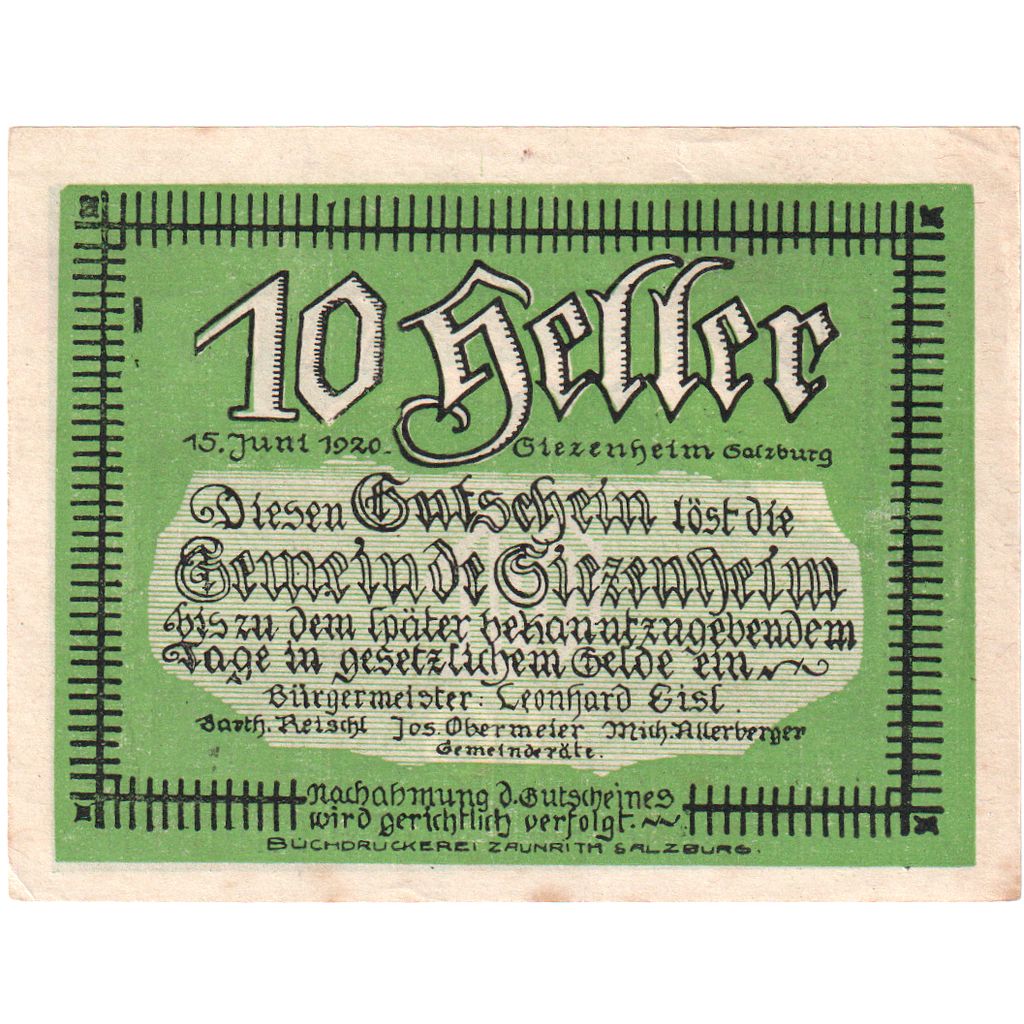 Oostenrijk, Siezenheim, 10 Heller, montagne, 1920, SPL, Mehl:FS 996a