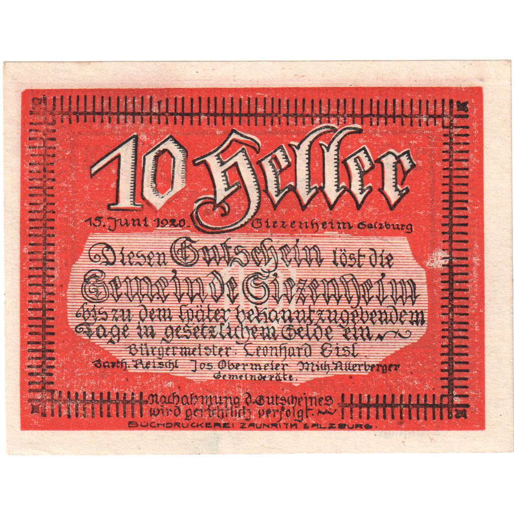Oostenrijk, Siezenheim, 10 Heller, paysage, 1920, SPL, Mehl:FS 996a