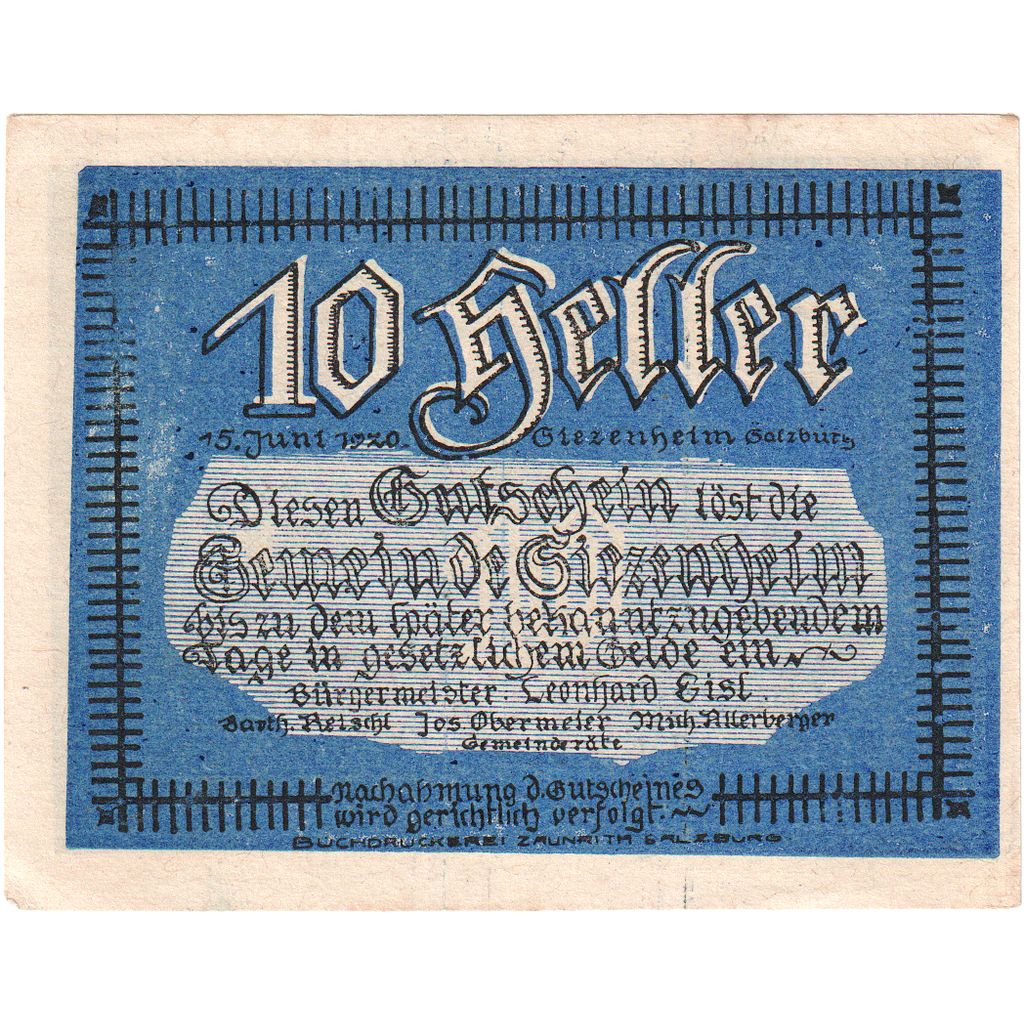 Oostenrijk, Siezenheim, 10 Heller, hiver, 1920, SPL, Mehl:FS 996a
