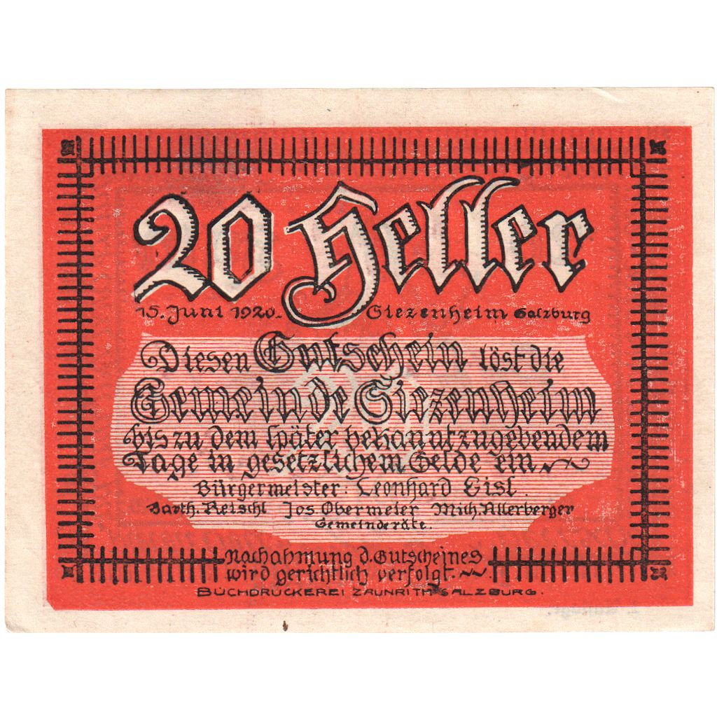 Oostenrijk, Siezenheim, 20 Heller, roi, 1920, SPL, Mehl:FS 996a