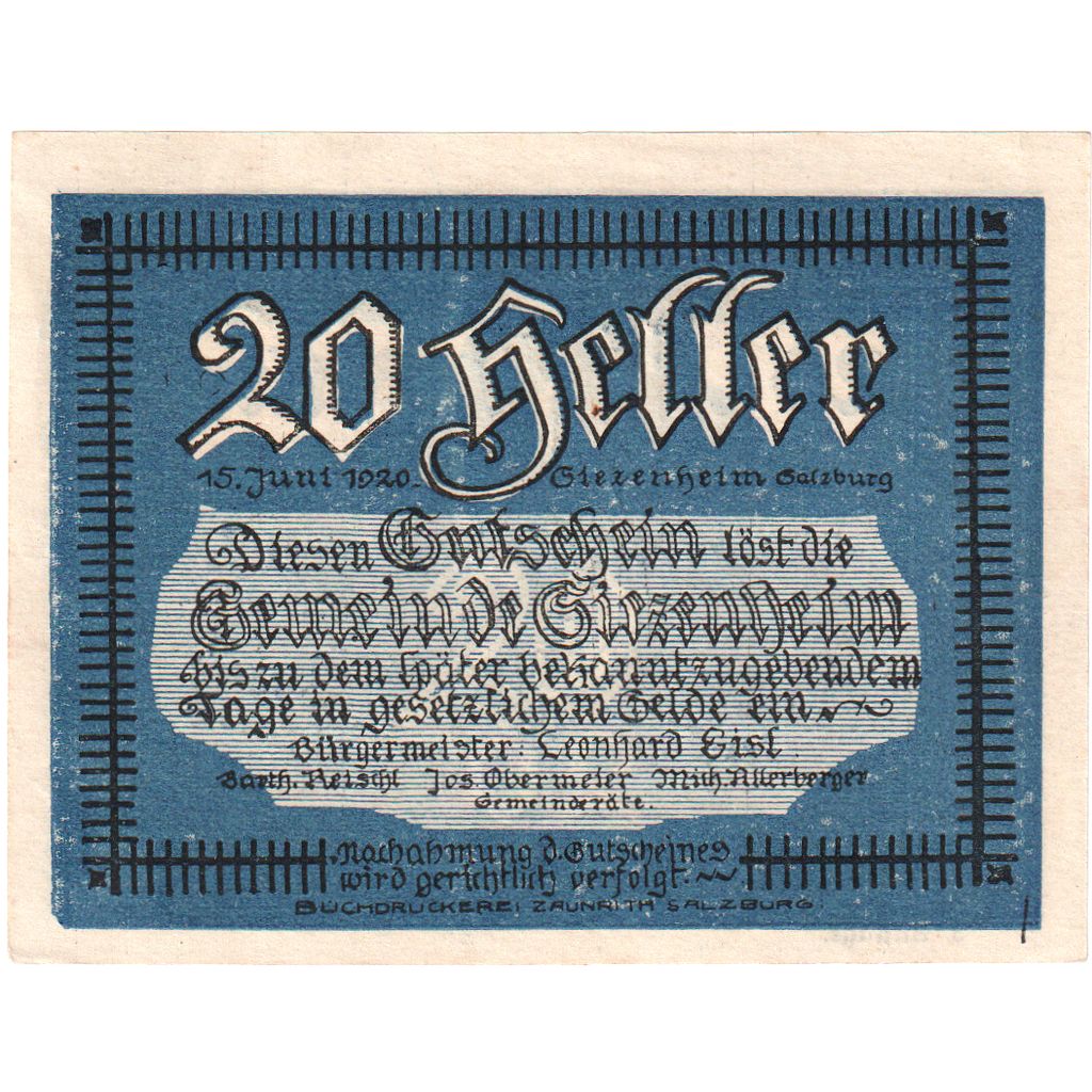 Oostenrijk, Siezenheim, 20 Heller, roi 1, 1920, SPL, Mehl:FS 996a