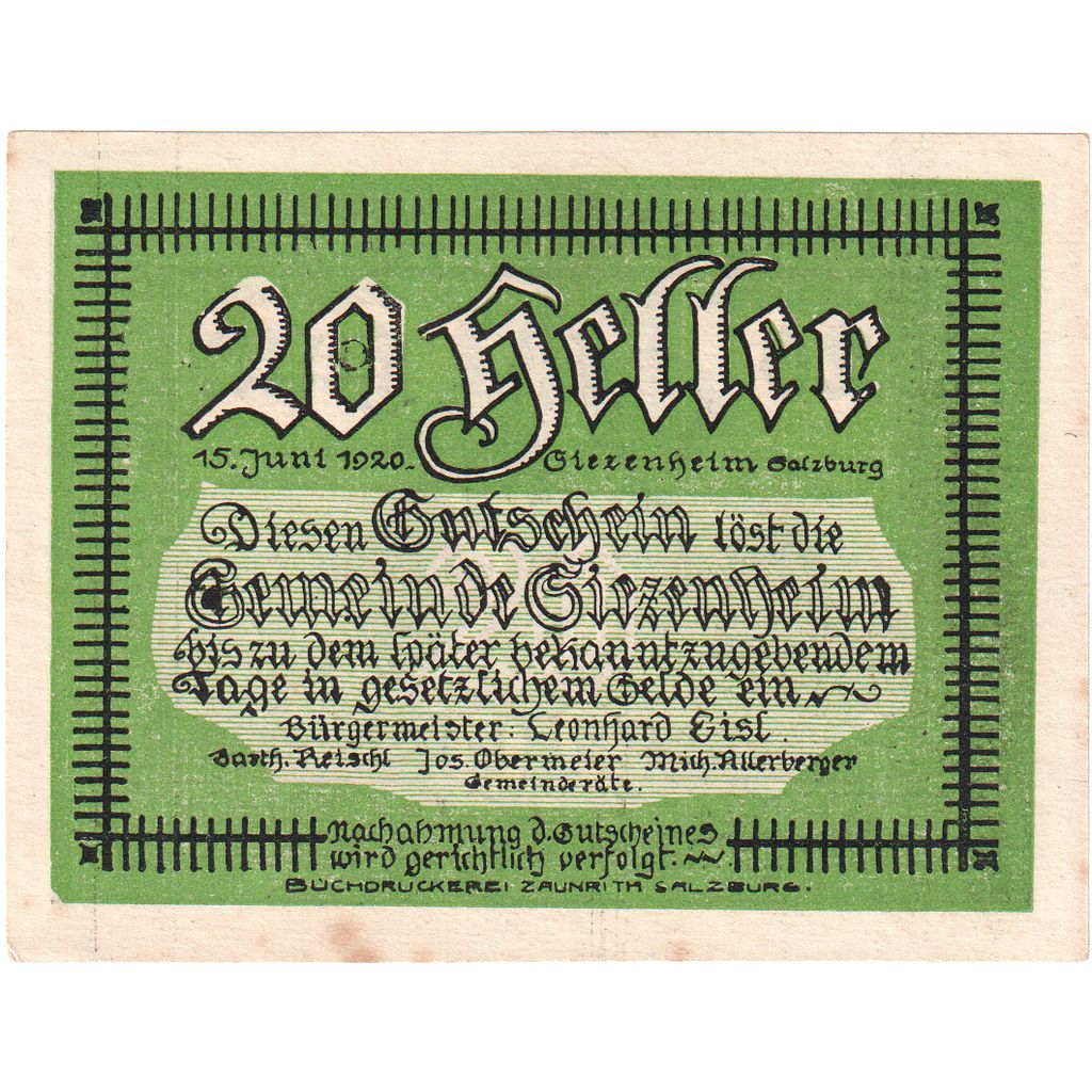 Oostenrijk, Siezenheim, 20 Heller, roi 2, 1920, SPL, Mehl:FS 996a