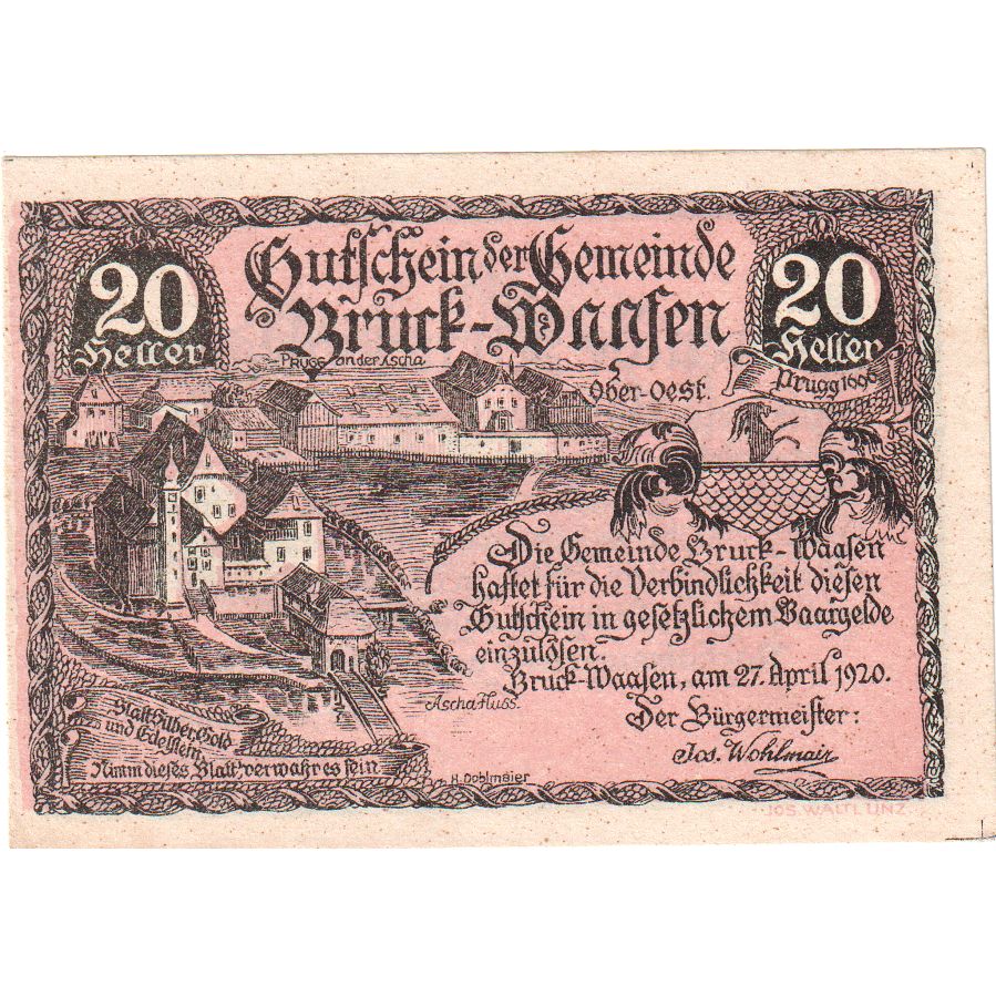 Oostenrijk, Bruck-Waasen, 20 Heller, château 1921-03-31, SPL, Mehl:FS 108a