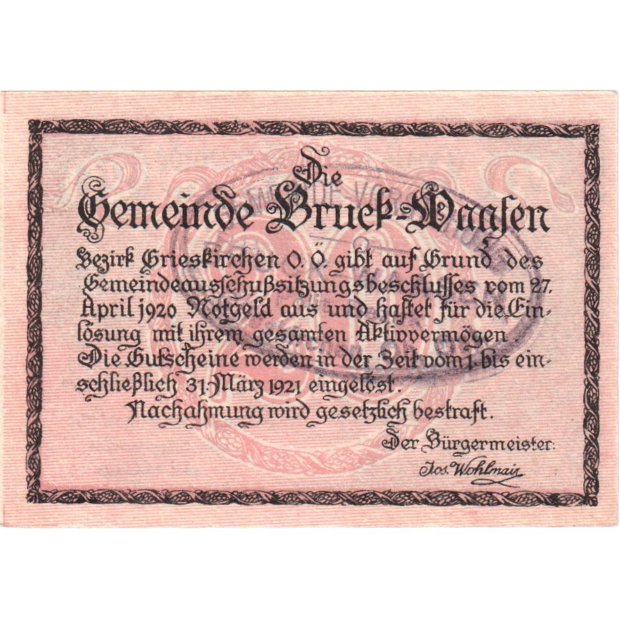 Oostenrijk, Bruck-Waasen, 20 Heller, château 1921-03-31, SPL, Mehl:FS 108a