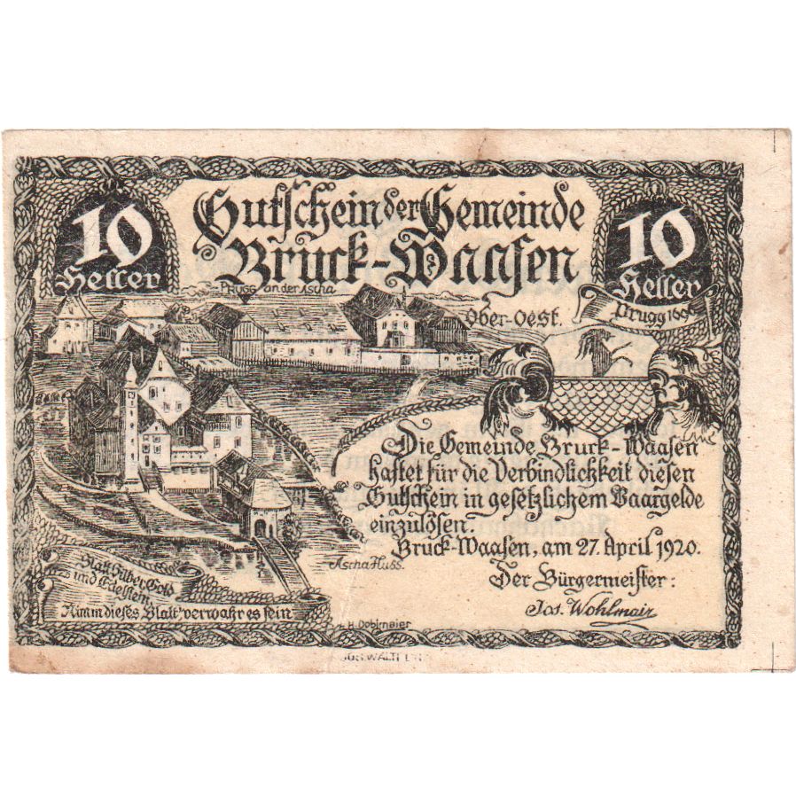 Oostenrijk, Bruck-Waasen, 10 Heller, paysage 1921-03-31, SUP, Mehl:FS 108a