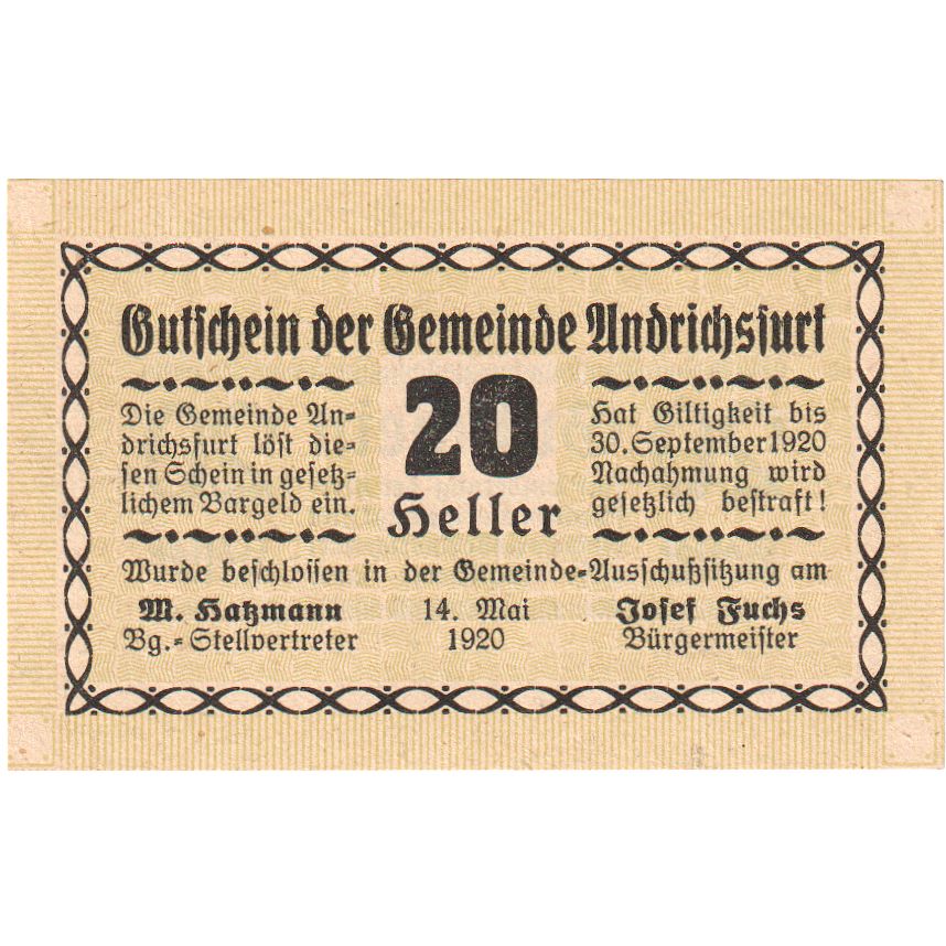 Autriche, Andrichsfurt, 20 Heller, texte 1, 1920, 1920-09-30, SPL, Mehl:FS 41