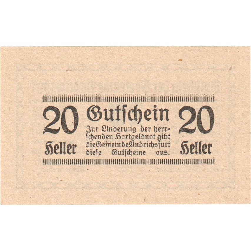 Autriche, Andrichsfurt, 20 Heller, texte 1, 1920, 1920-09-30, SPL, Mehl:FS 41