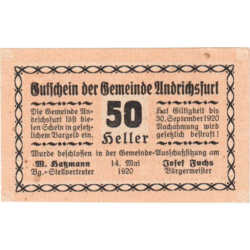Autriche, Andrichsfurt, 50 Heller, Texte 2, 1920, 1920-09-30, SPL, Mehl:FS 41