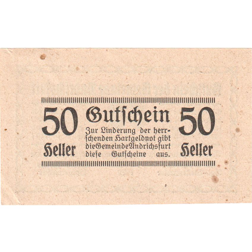 Autriche, Andrichsfurt, 50 Heller, Texte 2, 1920, 1920-09-30, SPL, Mehl:FS 41