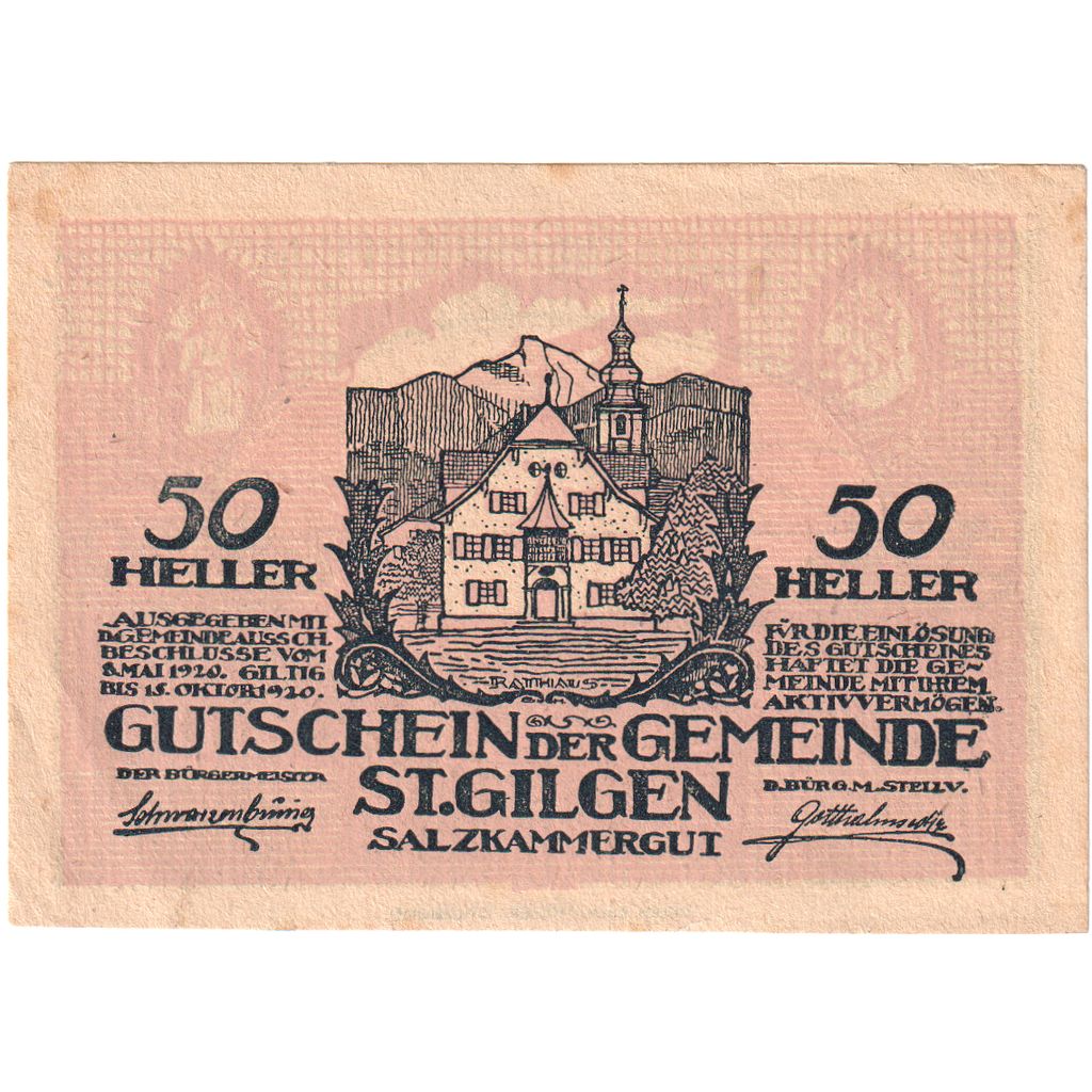 Austria, St Gilgen, 50 Heller, Eglise, 1920, 1920-10-15, AU(55-58), Mehl:FS 891a