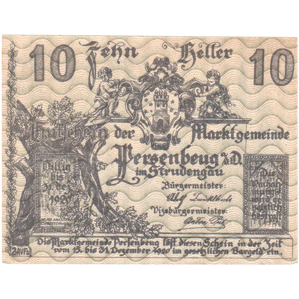 Österreich, Persenbeug, 10 Heller, Blason 1920-12-31, UNZ-, Mehl:FS 735IIa