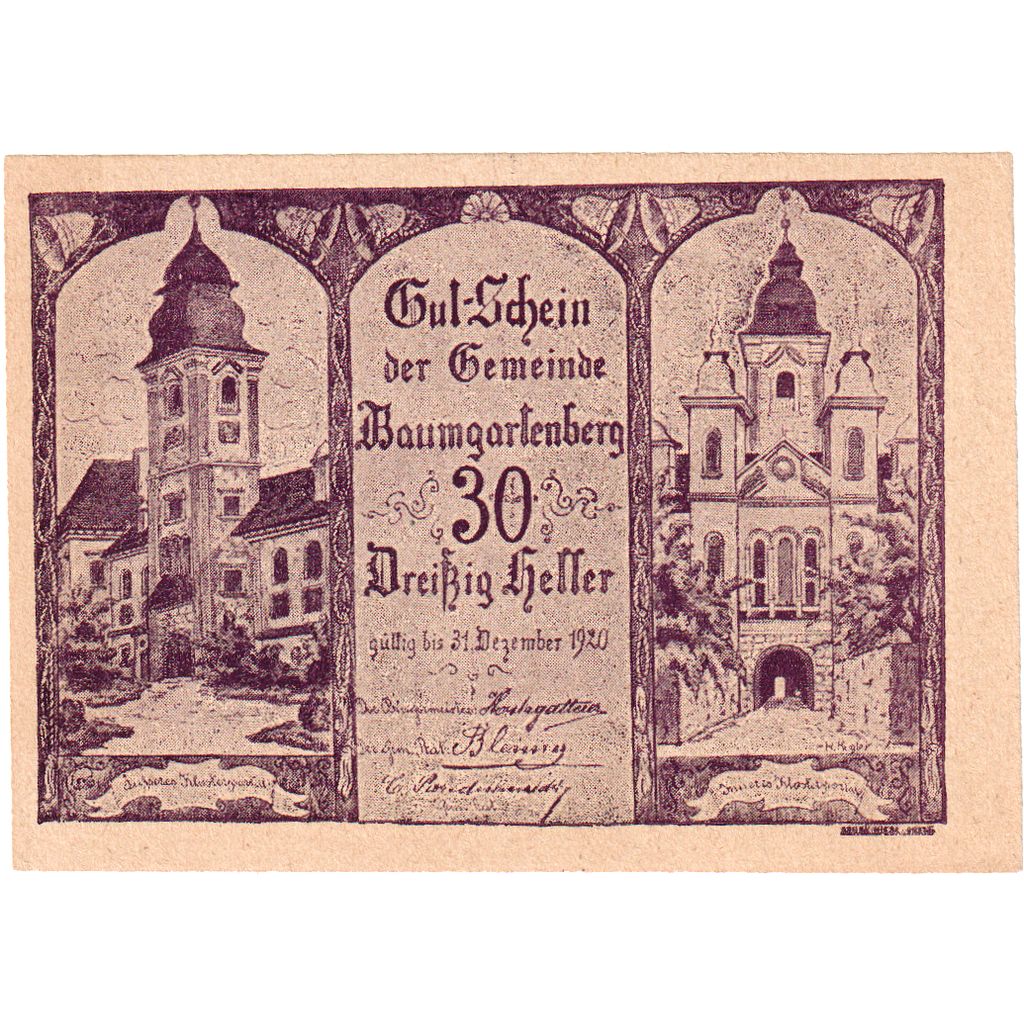 Österreich, Baumgartenberg, 30 Heller, Eglise, 1920 UNZ Mehl:FS 79a
