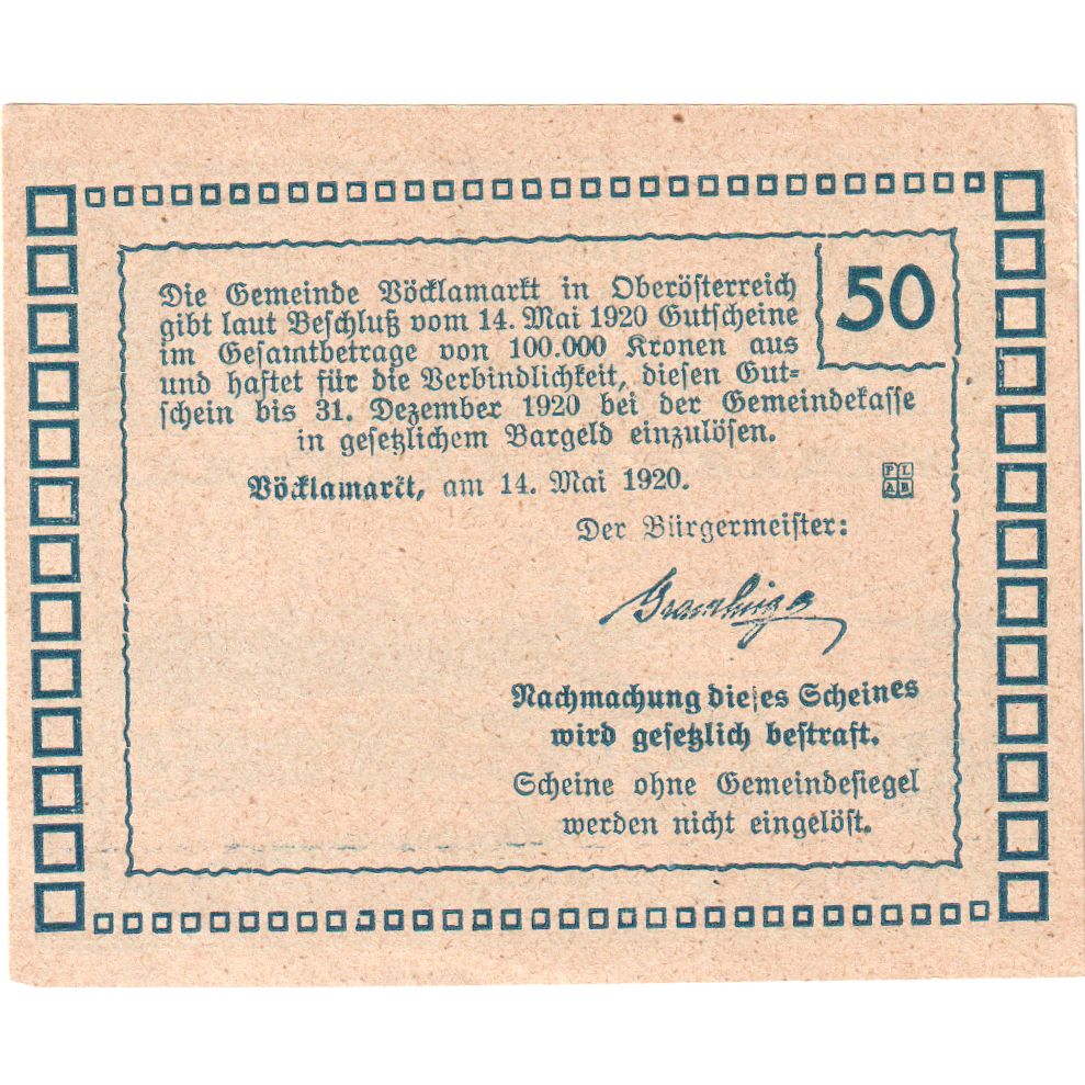 Österreich, Vöcklamarkt, 50 Heller, village 1920-12-31, UNZ-, Mehl:FS 1117IIa