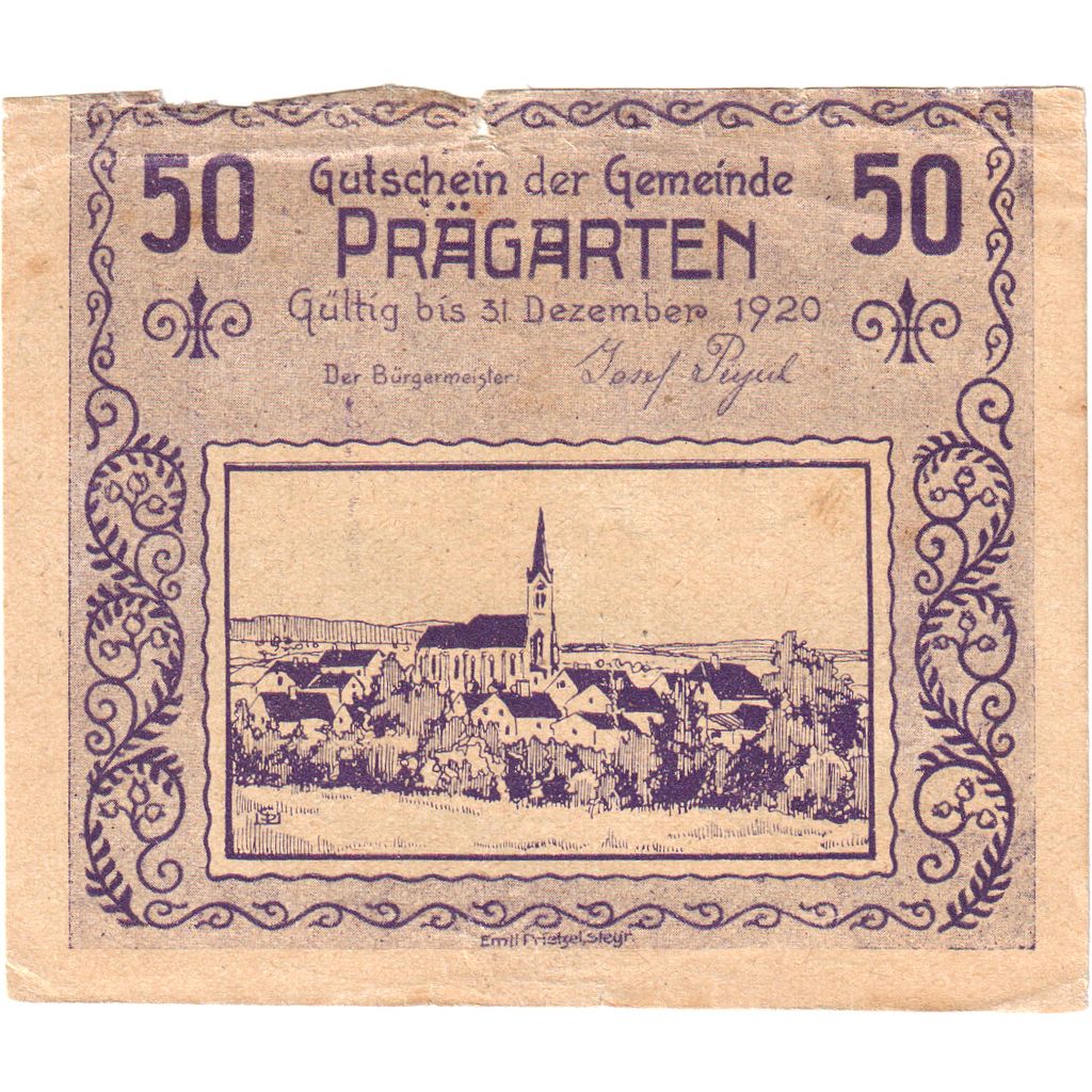 Österreich, Prägarten, 50 Heller, village 1920-12-31, UNZ-, Mehl:FS 777a